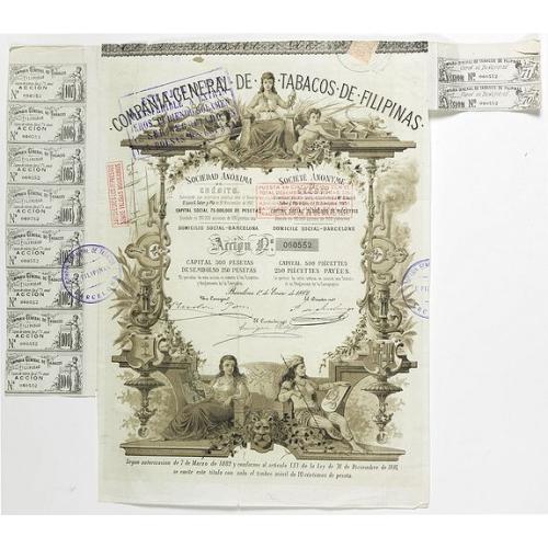 Old map image download for Compania General De Tabacos De Filipinas - (Certificate) Accion ordinarias de 500 Pesetas, Barcelona, 01.01.1882.