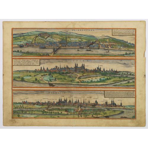 Old map image download for Heidelberga - Florentissimae civitatis Heidelbergensis . . . [on sheet with] Spira Celebris admodum Imperij & episcopalis in Germania civitas ... [and] Wormacia vetustissima Vangionum civitas . . .