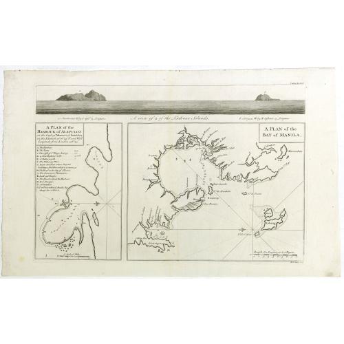 Old map image download for A plan of the Bay of MANILA. A plan of the harbour of Acapulco. A view of 2 of the Ladrone Islands.