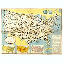 [In Arabic, translates : A map of the United States of America shows its major regional ressources and its natural products]