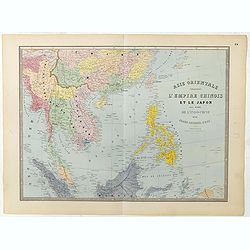 Carte de l'Asie orientale comprenant l'empire chinois le Japon les états de l'Indo-Chine et le grand archipel d'Asie ou Malaisie.