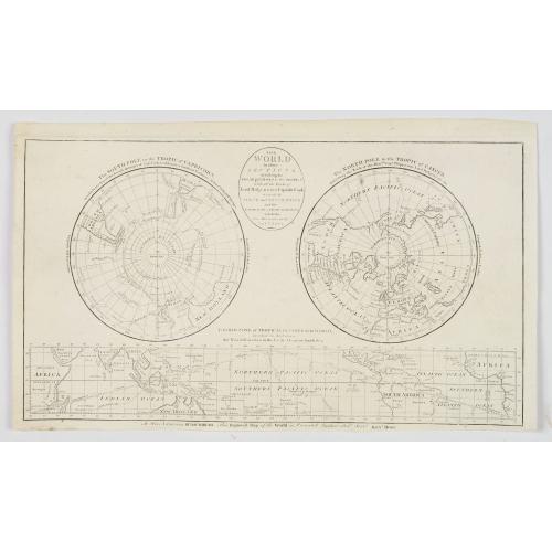 Old map image download for The World in three Sections describing the Polar Regions to the Tropics with all the Tracks of Lord Mulgrave and Captain Cook. . .
