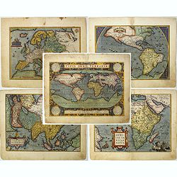 Set of world & four continents in stunning original colors.