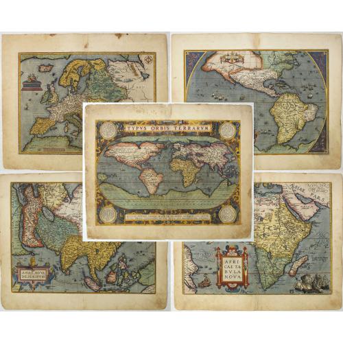 Old map image download for Set of world & four continents in stunning original colors.