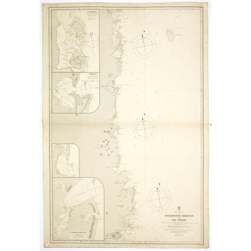 Old map image download for Africa east coast Mozambique Harbour to Ras Pekawi surveys by Captain WFW Owen HMS Leven and Barracouta 1824... Magnetic variation in 1900, decreasing about 2' annually. . .