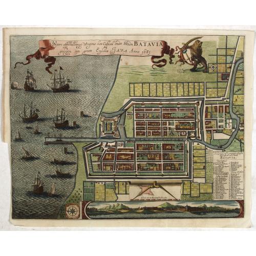 Old map image download for Waere affbeeldinge wegens het casteel ende stadt Batavia.