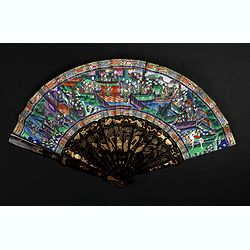 A fan combining views of Hong Kong (right), Canton (center), and Macau.