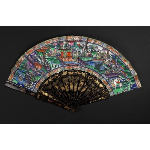 Rare, antique map of  A fan combining views of Hong Kong (right), Canton (center), and Macau.