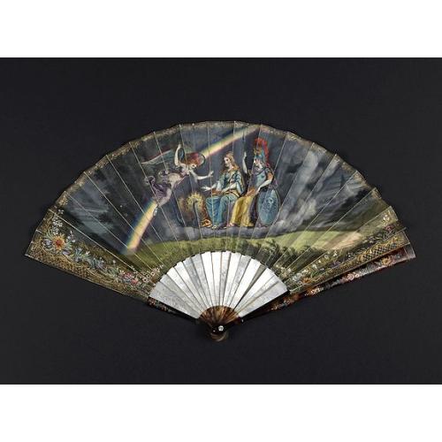 Old map image download for Very fine folding fan with painting of Minerva, Juno and 2 peacocks.