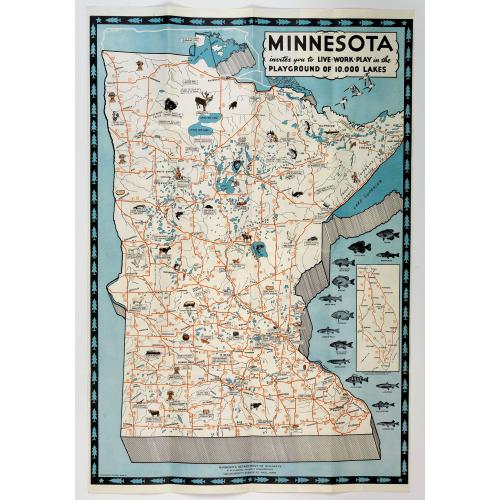 Old map image download for Minnesota invites you to Live-Work-Play in the Playground of 10,000 Lakes.