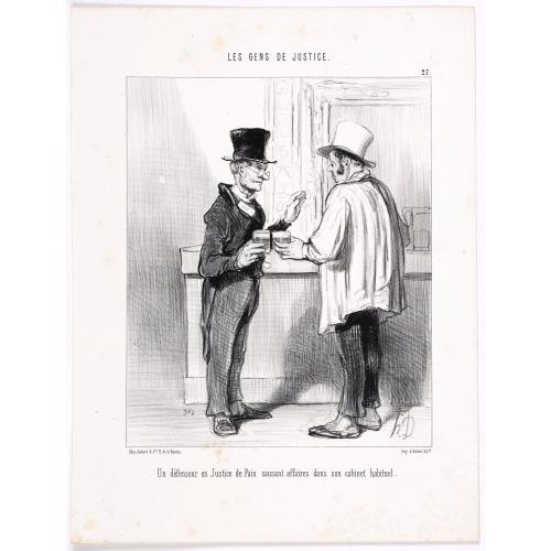 Old map image download for Les Gens de Justice. - Un défenseur en Justice de Paix causant des affaires dans son cabinet habituel. (pl 27).