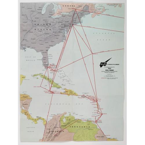 Rare, antique map of  BWIA. North America - Caribbean Route Map.