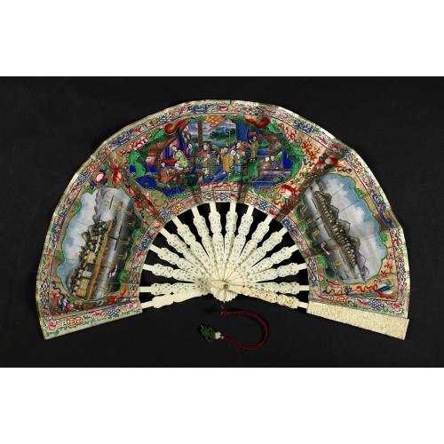 A fan combines views of Hong Kong (right), Canton (left), China, ca 1850-1860.