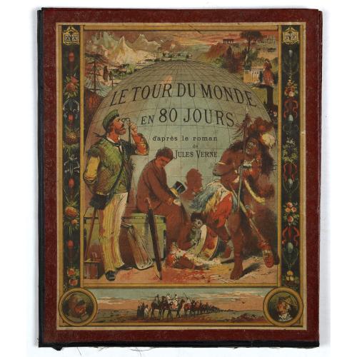 Rare, antique map of  Jules Verne Le Tour du Monde en 80 jours. [Goose game board inspired by Jules Verne's novel Tour du Monde en 80 jours.]