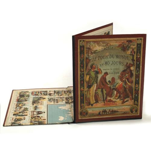 Rare, antique map of  Jules Verne Le Tour du Monde en 80 jours. [Goose game board inspired by Jules Verne's novel Tour du Monde en 80 jours.]