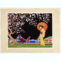 Art Deco gouache with Japanese scene.