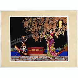 Art Deco gouache with Japanese scene.