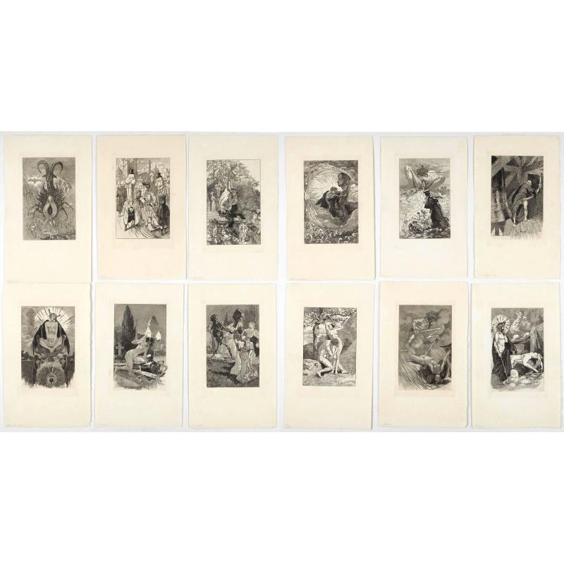 A rare suite of 12 original etchings by Martin van Maele to the famous work by Edmond Haracourt.