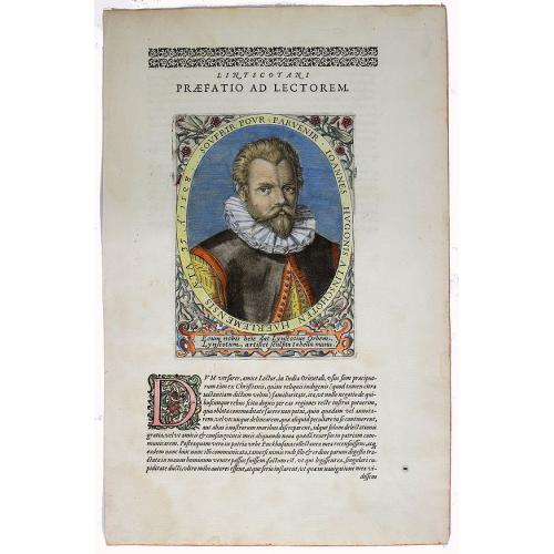 Johannes Hugonis a Linschoten Haerlemensis aeta 35 A° 1598 Soufrir pour parvenir.