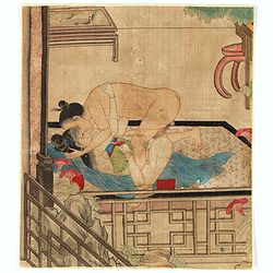 Chinese painting on silk of a couple in a love-making position.