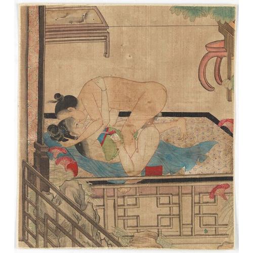 Chinese painting on silk of a couple in a love-making position.