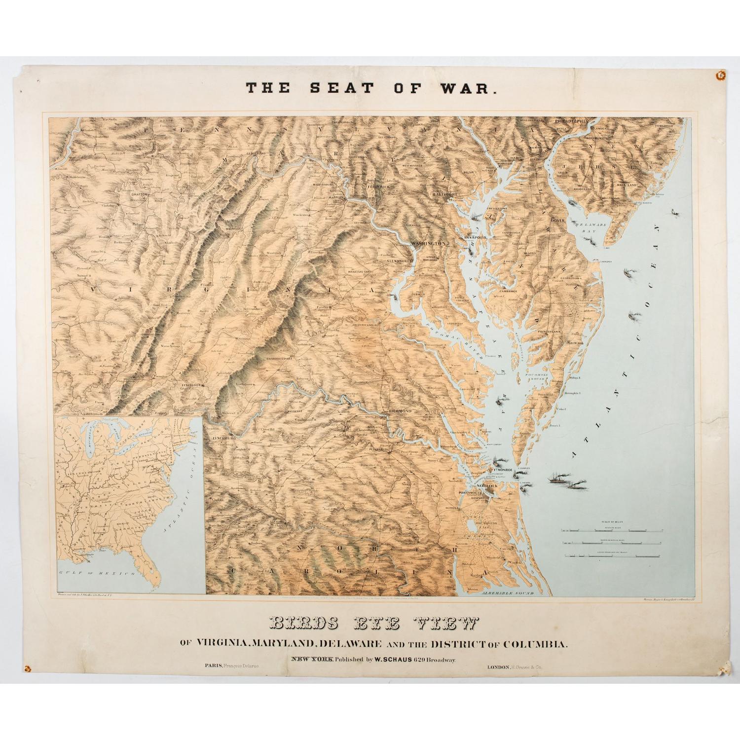 The Seat of War. Birds Eye View of Virginia, Maryland, Delaware and the District of Columbia.