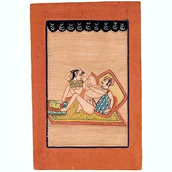 Indian painting on paper of a couple in a love-making position.