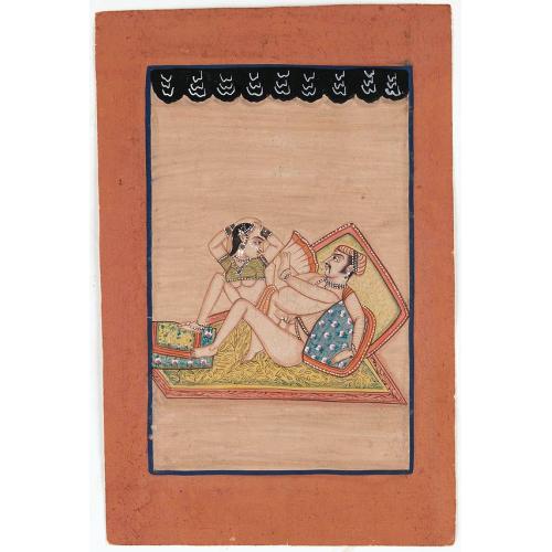 Old map image download for Indian painting on paper of a couple in a love-making position.