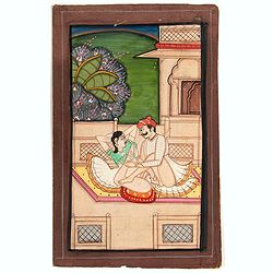 Indian painting on paper of a couple in a love-making position.