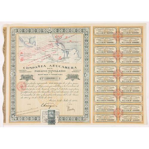 Old map image download for Accion de 10 pesos. No. 110,930 (Share certificate)