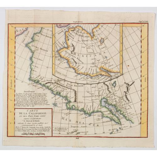 Old map image download for Carte de la Californie et des Pays Nord Ouest separes de L'Asie par le Detriot d'Anian. . .