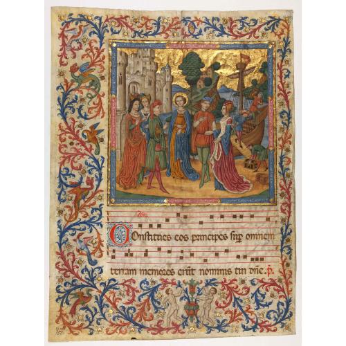 Vellum leaf with a large miniature showing saint surrounded by noble women in typical medieval dresses.