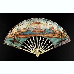 A folding fan showing a nautical festival, ca. 1770.