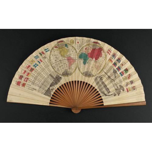 A folding fan with a map of Japan, double hemisphere world map and views of Yokohama and Edo.