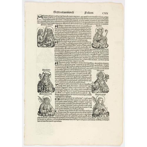 [Text page with Kings, Queens, Saints and Popes. Sexta Etas Mundi. Folium. CXX].