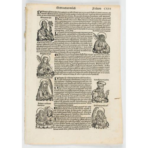 [Text page with Kings, Queens, Saints, Popes. Sexta Etas Mundi. Folium. CXV].