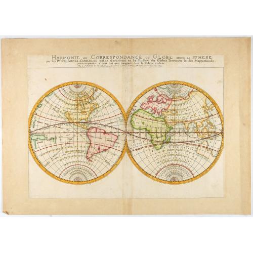 Old map image download for Harmonie ou Correspondance du Globe avecq la Sphere par les Points, Lignes, Cercles, &c. qui se descrivent en la surface des Globes Terrestres et des Mappemondes, pour respondre a ceux qui sont imaginés dans la Sphere Cœleste.