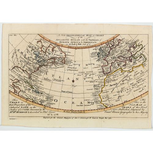 Old map image download for A New Geographical Map or Chart of the Atlantic Ocean with the Continents of Europe, Africa & America. . .