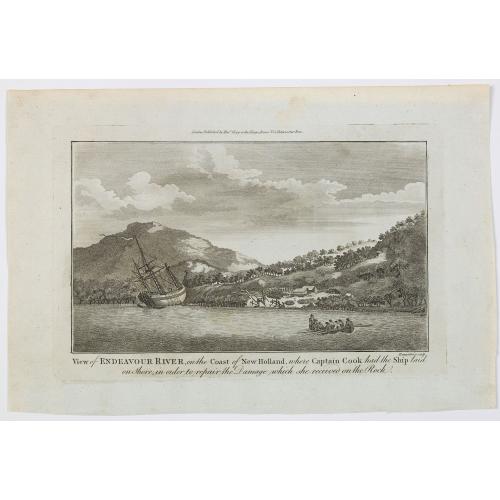 View of Endeavour River, on the coast of New Holland, where Captain Cook had the Ship laid on Shore, in order to repair the Damage which she received on the Rock.