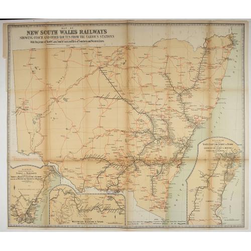 Old map image download for Map of New South Wales Railways Showing Coach and Other Routes From the Various Stations.