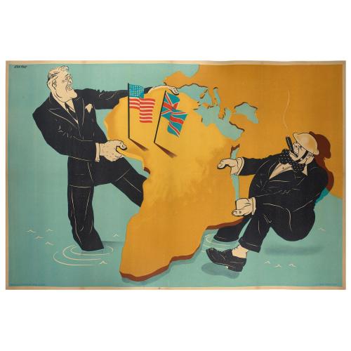 Old map image download for Untitled wartime propaganda map poster depicting Roosevelt & Churchill stuggling between each other over the African Continent.