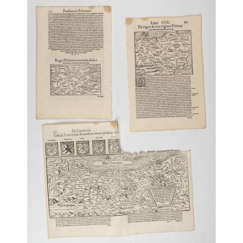 Rare, antique map of  [Lot of 3 leaves]  De Germania Tabula Pomeraniae secundum…/ De regno & tota regione Poloniae / Regni Polonici contracta…