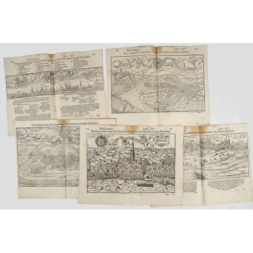 Rare, antique map of  [Lot of 5 leaves] Noerdlinga civitas imperialis…/ Nemetum civitatis…Spiram appellant / Situs & figura… Trevirensis / Situs civitatis Confluentinae… / Civitas Lunaeburgensis…