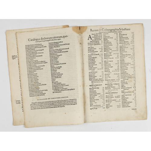 [Lot of 10 leaves] Catalogus doctorum…in Cosmographia Sebastiani…/ Index Cosmographicus.