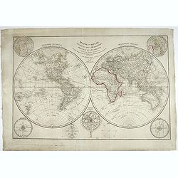 Mappe-monde divisée en deux hémisphères, oriental et occidental, assujetties aux dernières découvertes de Mrs de Bougainville, Surville, Cartret. Wallis, Furneau, Cook, etc, Par J.-B. Poirson...