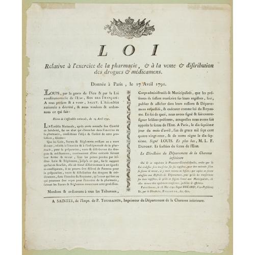 Old map image download for Loi relative à l'exercice de la pharmacie, et à la vente et distribution des drogues et médicamens. Donnée à Paris, le 17 avril 1791.