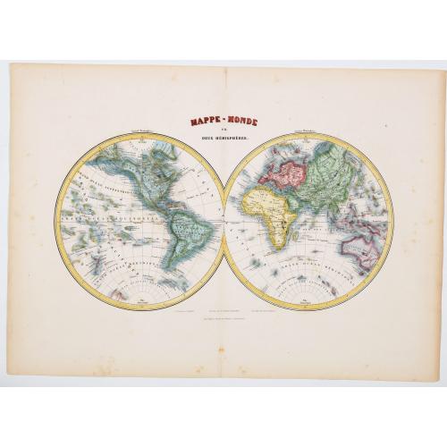 Rare, antique map of  Mappemonde / Mappe-Monde en Deux Hemispheres.