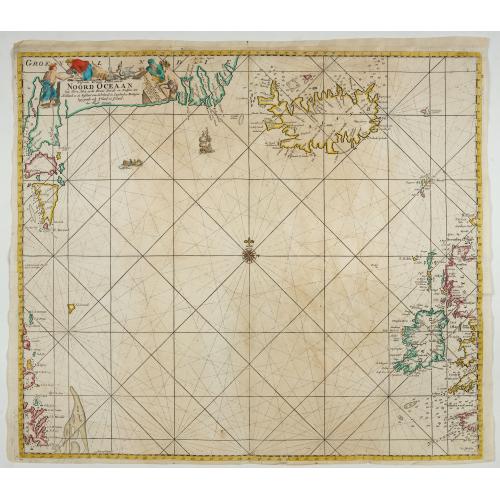 Old map image download for Wassende Graade Kaart van de Noord Oceaan – Van Terra Nova en de Straat Davids en Hudsons tot Hidland en de Westkust van Schotland en Engeland en Bretagne begrypende ook Yrland en Ysland.