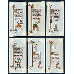 Six illuminated neo-gothic cards on vellum paper for a Book of Hours, in French.