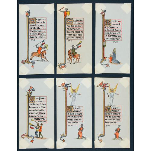 Six illuminated neo-gothic cards on vellum paper for a Book of Hours, in French.